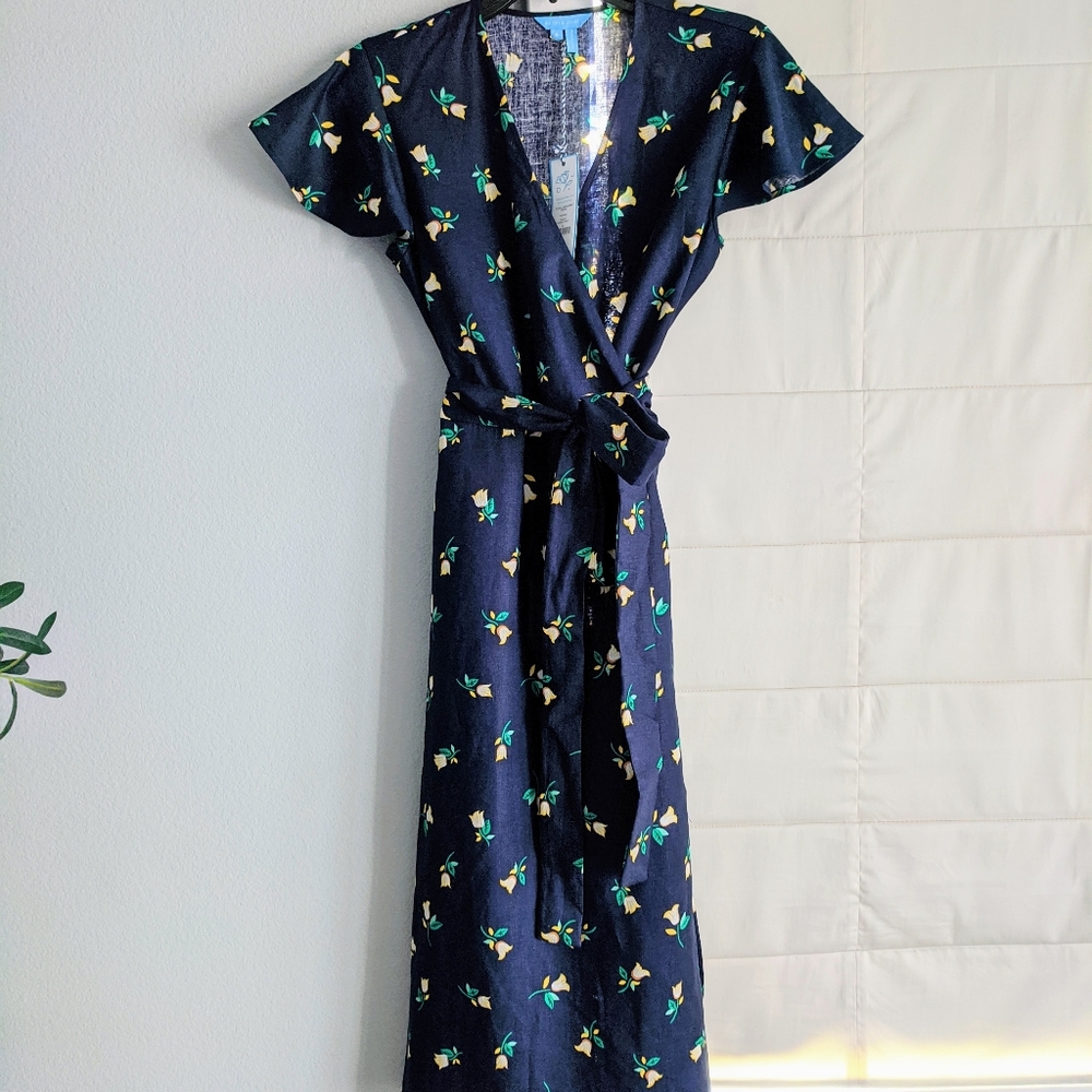 Draper James Navy Blue Dark Floral Linen Wrap Dress NWT 6 - Picture 7 of 11